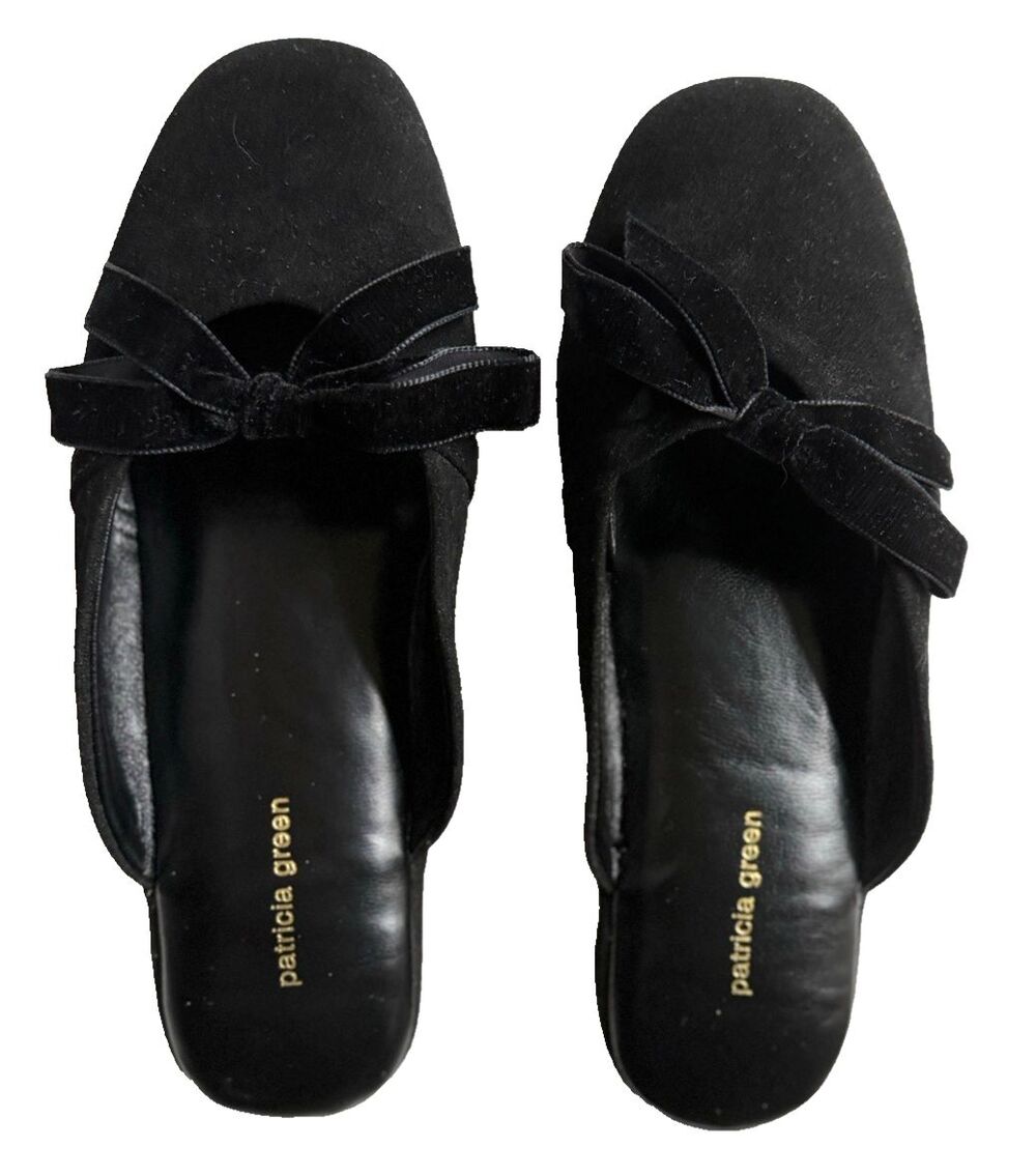 NWOT Patricia Green Black Suede Bow Slip-On Mule Flats Women's Size 9 M